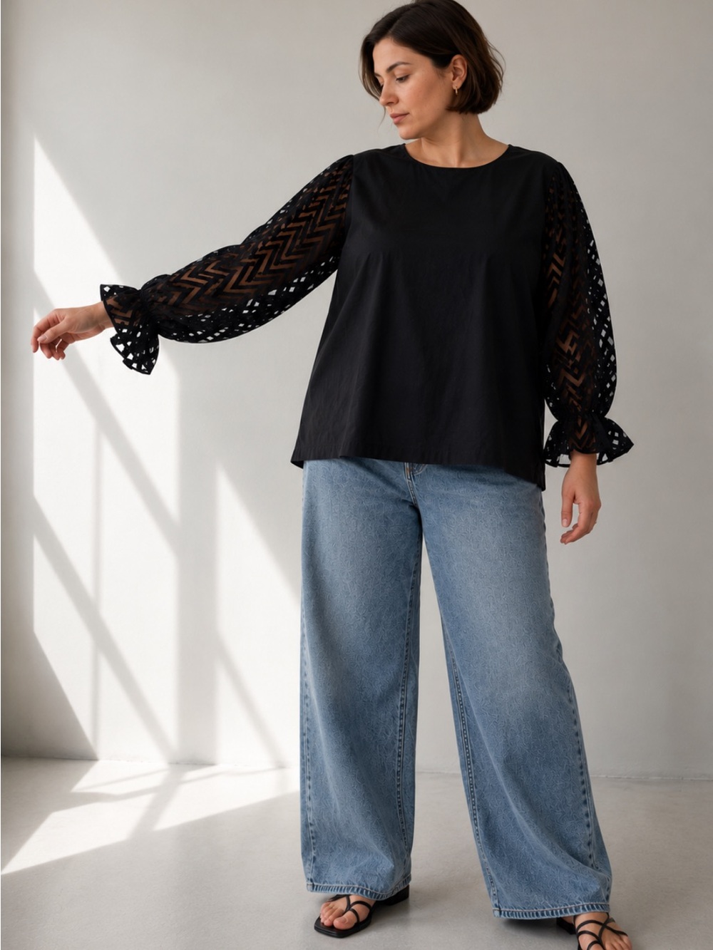 Eloquii Elements Black Boxy Blouse Sheer Geometric Statement Sleeves Size 22
